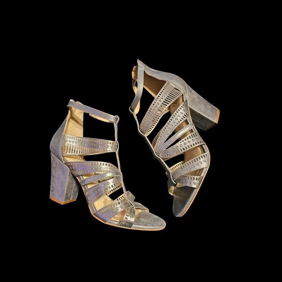 Vince Camuto Silver Suede Strappy Block Heels - Picture 1 of 8